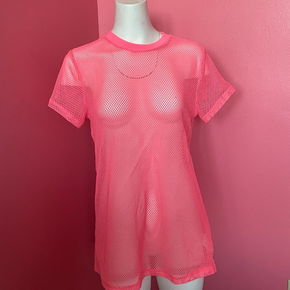 SHEIN Neon Pink Mesh Short Sleeve Tee